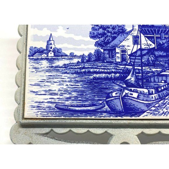 Vintage Dutch Windmill Trivet Countryside Boats Blue White Tile Made in Japan - Picture 6 of 12